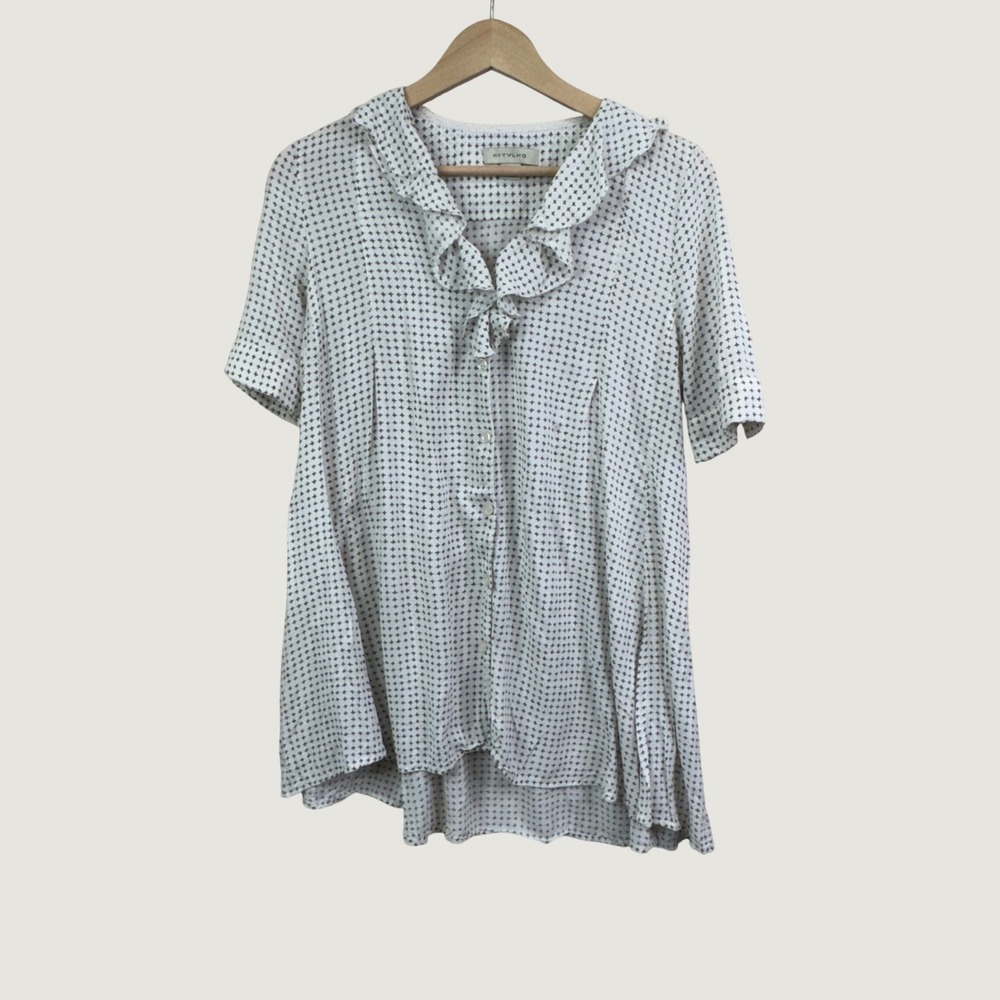 11.1 Tylho Womens XS White Geometric Print Ruffle Collar Short Sleeve Blouse Top